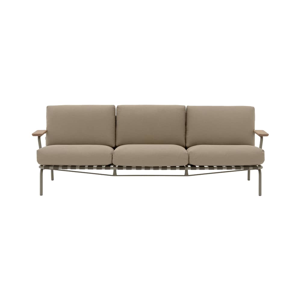 Gartensofa 3-Sitzer Settle textil beige / L 218,5 cm - Muuto - Taupe / Stoff Beige (Ribbed Weave 5) - , Mahagoni, Polyester-Gurtband, Schaumstoff, Stahl