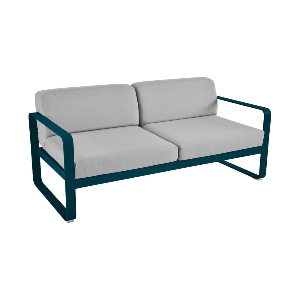 Gartensofa 2-Sitzer Bellevie metall textil blau grau 2-Sitzer / L 160 cm - Bezug grau - Fermob - Acapulcoblau / Stoffbezug flanellgrau - lackiertes Aluminium, Polyacryl-Gewebe, Schaumstoff