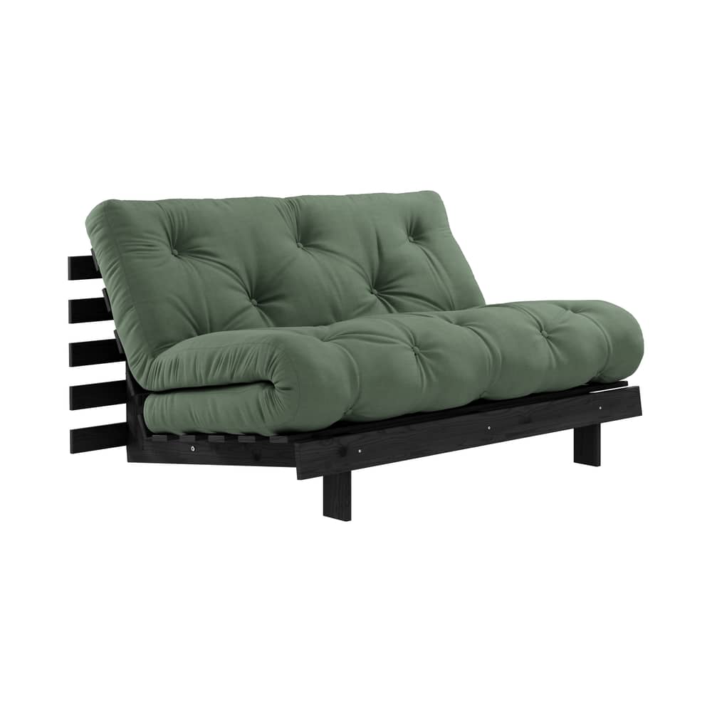 Schlafcouch Roots holz grün / B 140 cm - 3 Positionen / Schwarze Struktur - KARUP - Olivgrün 756 / Schwarz - FSC-zertifizierte, lackierte Massivkiefer, Gewebe, Recycelte Mischfasern, Schaumstoff