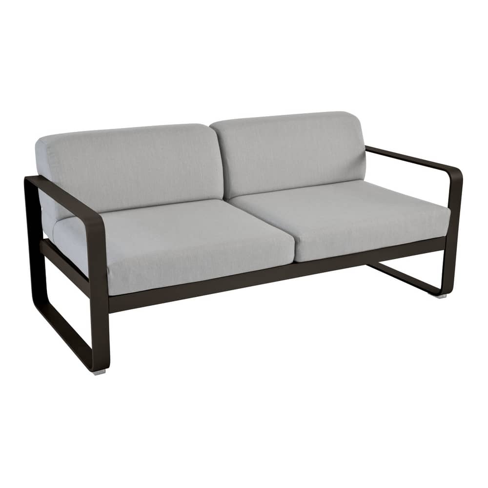 Canapé de jardin 2 places Bellevie métal marron / L 160 cm - Tissu gris flanelle - Fermob - Tonka/ Tissu gris flanelle - Aluminium laqué, Mousse polyuréthane HR, Tissu acrylique