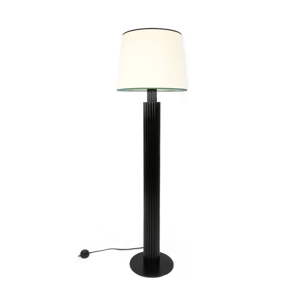 Riviera Floor lamp textile wood white black / Rattan & cotton - H 155 cm - Maison Sarah Lavoine - Black - Cotton, Lacquered rattan, Lacquered steel