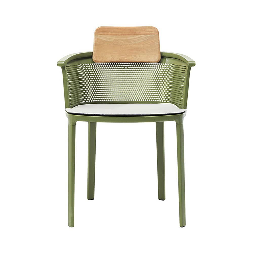 Nicolette Stackable armchair metal green / Aluminium & teak - Ethimo - Green & teak / White cushion - Acrylic fabric, Lacquered cast aluminium, Natural teak