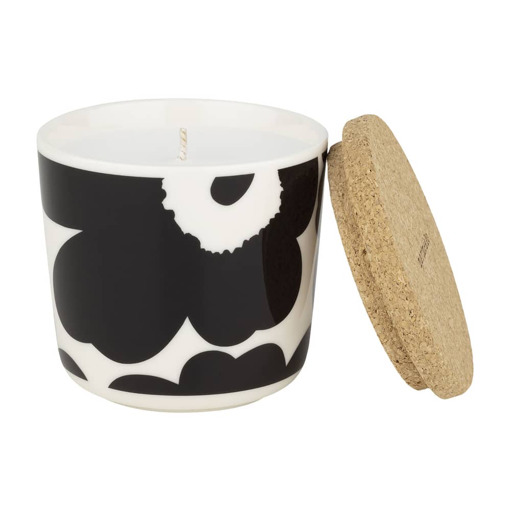 Bougie parfumée Unikko céramique noir / Ø 7,5 x H 7 cm - Senteur forêt printanière - Marimekko - Unikko / Noir - Céramique, Liège, Paraffine, Stéarine