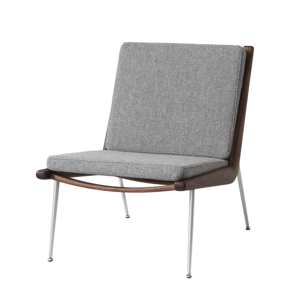 Gepolsterter Sessel Boomerang HM1 (1956) textil grau / Nussbaum - &tradition - Grau (Hallingdal 130) / Nussbaum & Stahl - Gewebe, HR-Schaum, Nussbaum massiv, Stahl