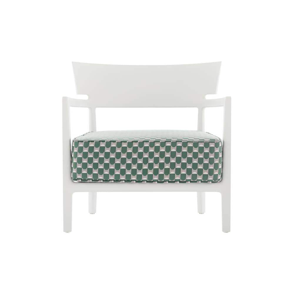 Poltrona imbottita Cara OUTDOOR x Liberty tessuto verde - Kartell - Tessuto Bianco opaco / Verde salvia (Liberty Obi Check) - policarbonato, Poliuretano, Tessuto Liberty