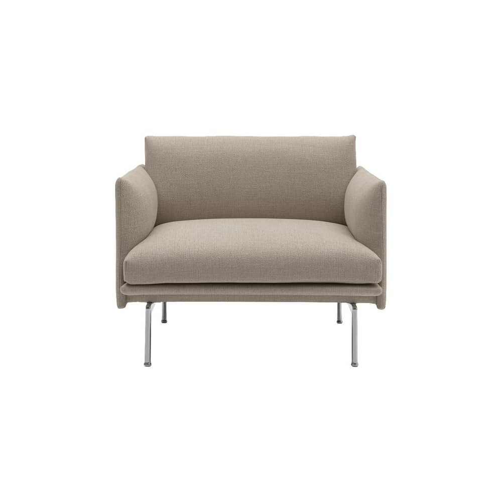 Fauteuil rembourré Outline tissu beige - Muuto - Beige (tissu Ecriture 240) / Pieds alu poli -  Plumes, Aluminium laqué, Mousse haute densité, Tissu Ecriture