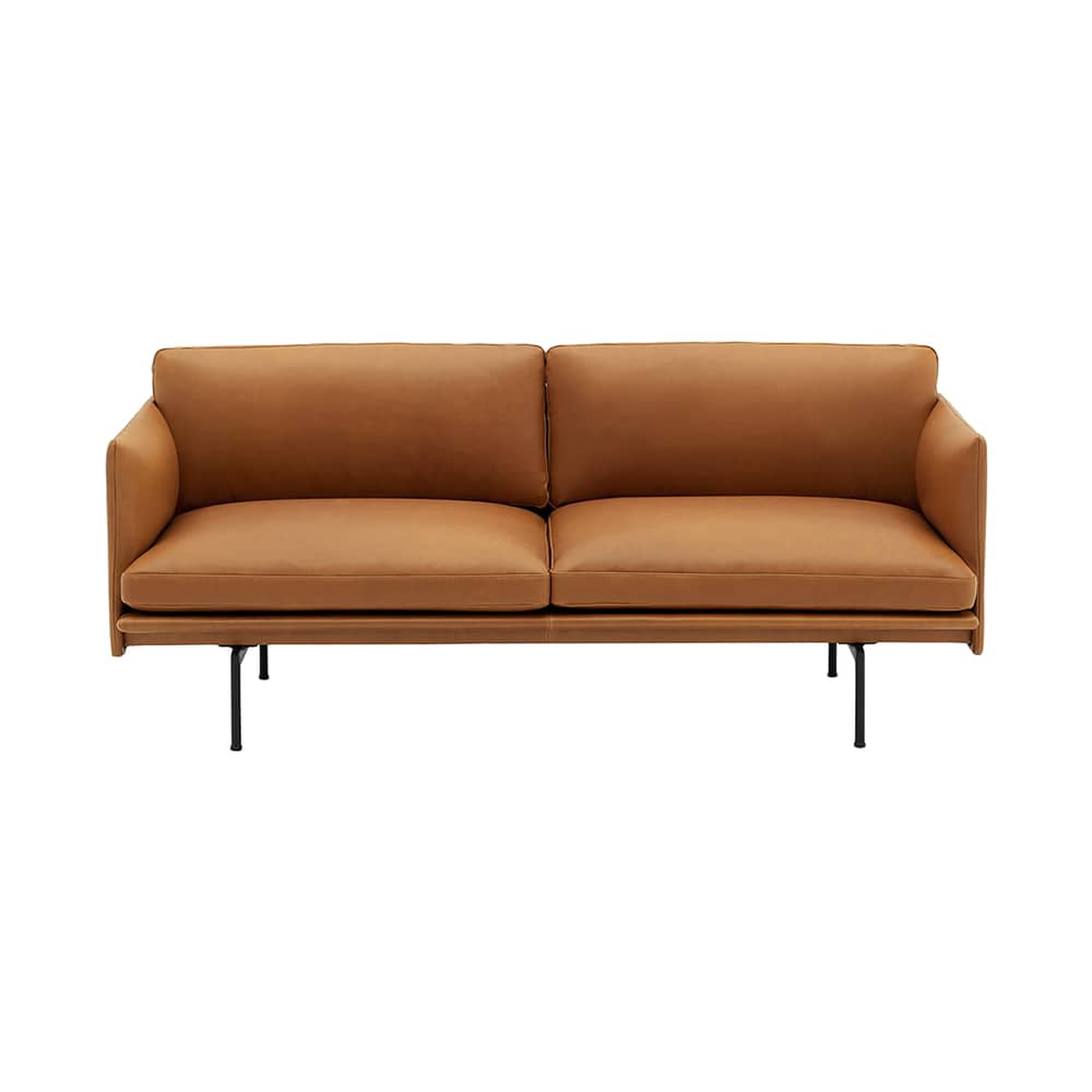 Sofa 2 Sitzer Outline leder braun / L 170 cm - Leder - Muuto - Cognac (Seidenleder) / Schwarze Füße -  Plumes, lackiertes Aluminium, Schaumstoff, Vollnarben-Leder