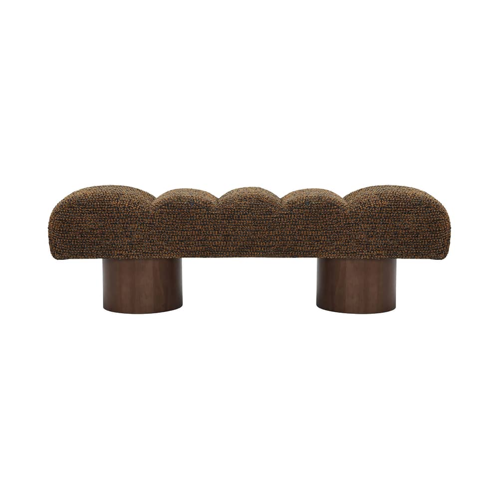 Banc rembourré Nova tissu marron / L 141 cm - NV GALLERY - Cognac / Noyer - Bois d\'hévéa teinté, Mousse haute densité, Tissu Tweed