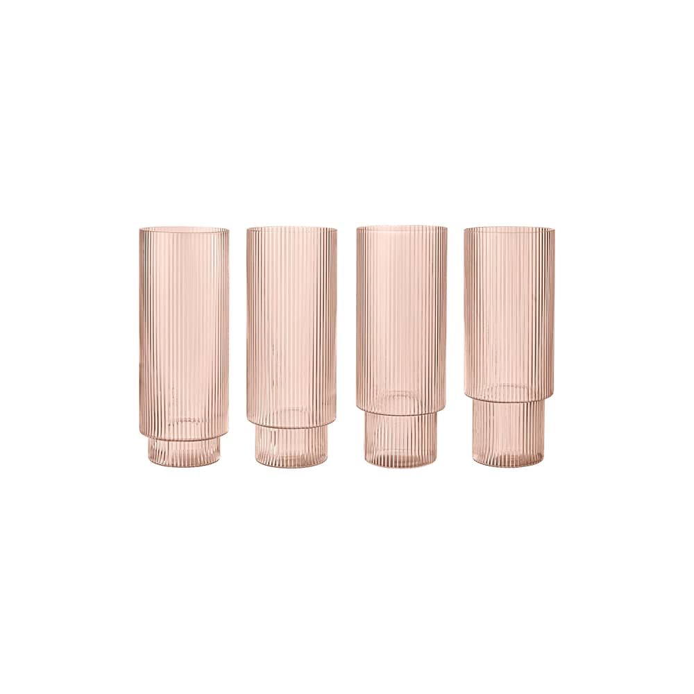 Set de 4 verres long drink Ripple verre rose / Ø 6 x H 14 cm (30 cl) - Ferm Living - Rose poudré - Verre soufflé bouche