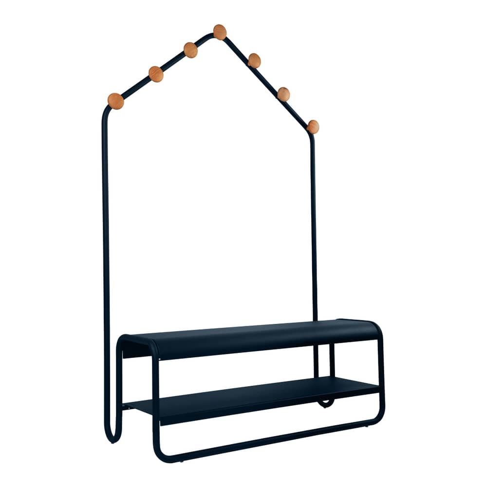 Vestiaire Funambule / L 113 x P 47,5 x H 180 cm - Banc & portemanteau - Fermob - Bleu Abysse - Acier, Frêne massif