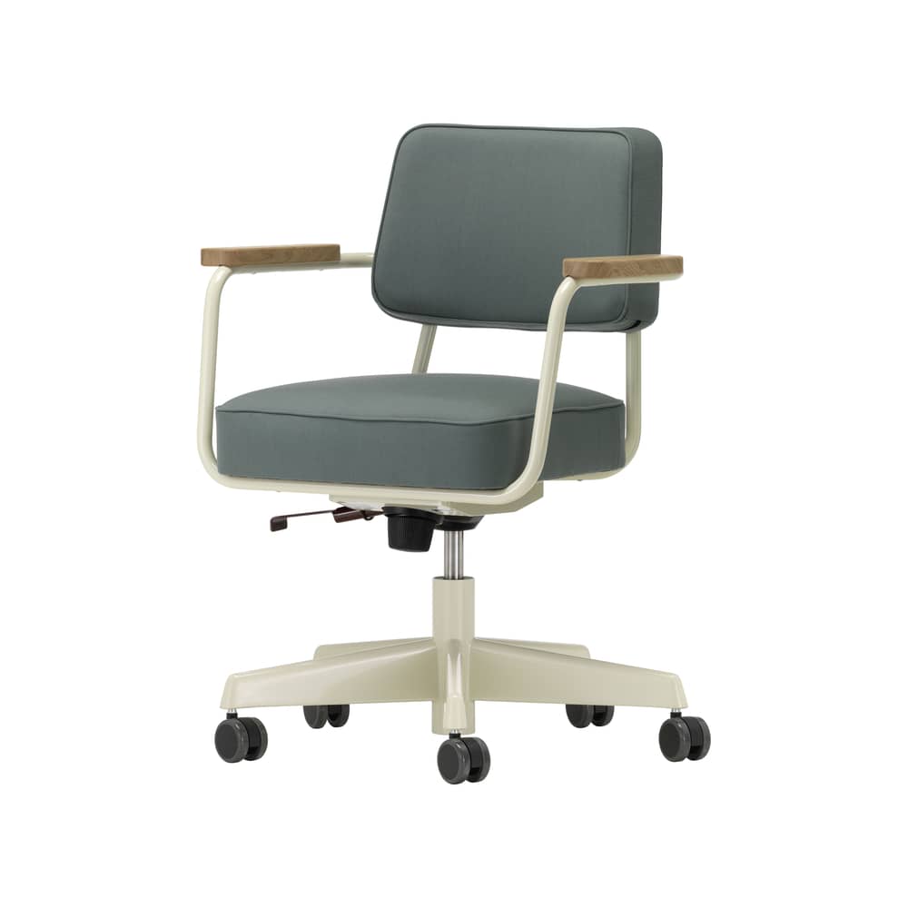 Sessel mit Rollen Fauteuil Direction Pivotant metall textil grün grau / Jean Prouvé 1951 - Vitra - Stoff graugrün (Twill 17) / Weiß & Eiche - Gewebe, massive Eiche, Polyurethan-Schaum, Stahl