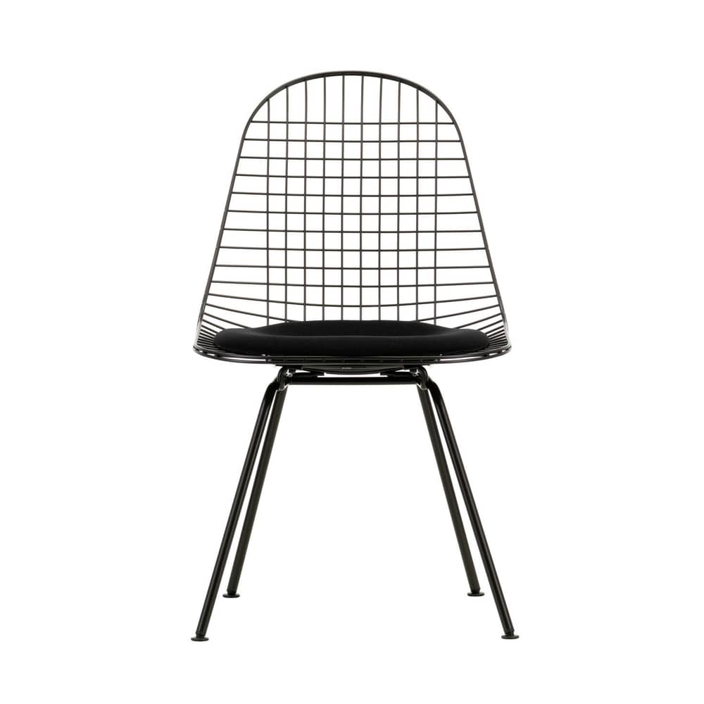 Wire Chair DKX Chair metal textile black / Upholstered seat - By Charles & Ray Eames, 1951 - Vitra - Black / Dark grey Cushion - Epoxy lacquered steel, Fabric, Polyurethane foam