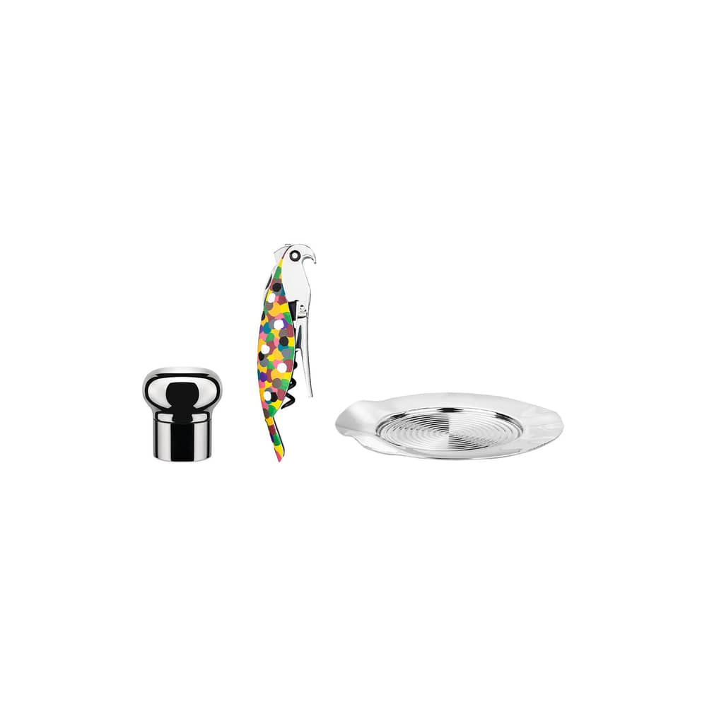 Coffret Alessi & Wine métal noir / Tire-bouchon + bouchon + dessous de bouteille - Alessi - Coffret noir - Acier, Fonte d\'aluminium, Polycarbonate