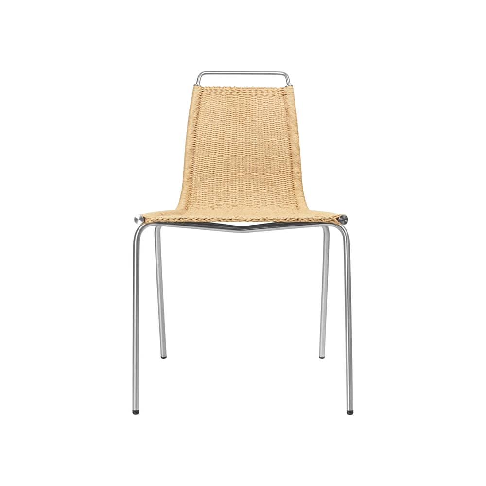 Stuhl PK1 faser beige / Poul Kjærholm, 1955 - Papierschnur - CARL HANSEN & SON - Stahl / Naturfarbene Schnur - Papierseil, rostfreier Stahl