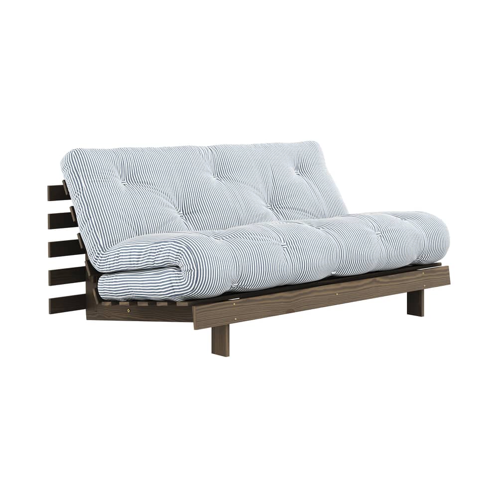 Schlafcouch Roots holz blau / B 160 cm - 3 Positionen / Struktur Braun - KARUP DESIGN - Blau gestreift 611 / Holz Braun - FSC-zertifizierte, lackierte Massivkiefer, Gewebe, Recycelte Mischfasern, Schaumstoff