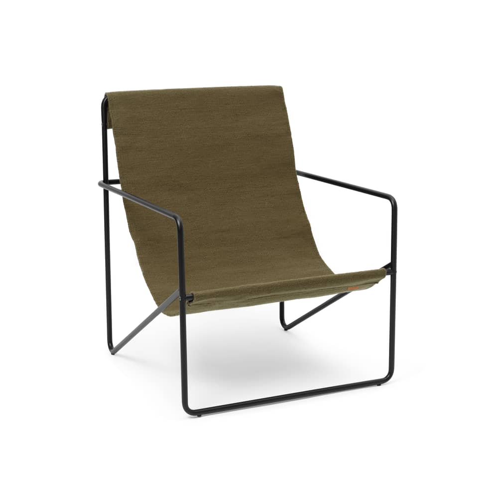 Desert Armchair textile green / Black base - Recycled plastic bottles - Ferm Living - Black metal / Plain Olive Fabric - Powder coated steel, Recycled fabric