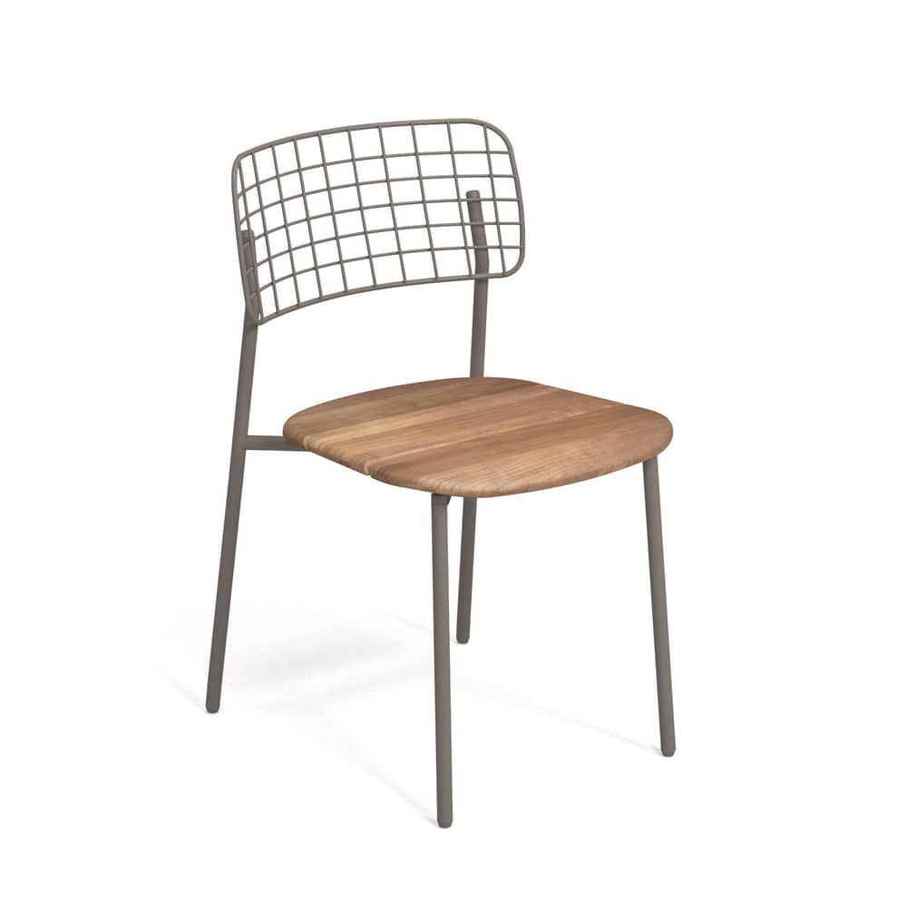 Stapelbarer Stuhl Lyze metall beige holz natur / Sitzfläche Teakholz - Emu - Sandfarben / Teakholz - Aluminium, Stahl, Teakholz