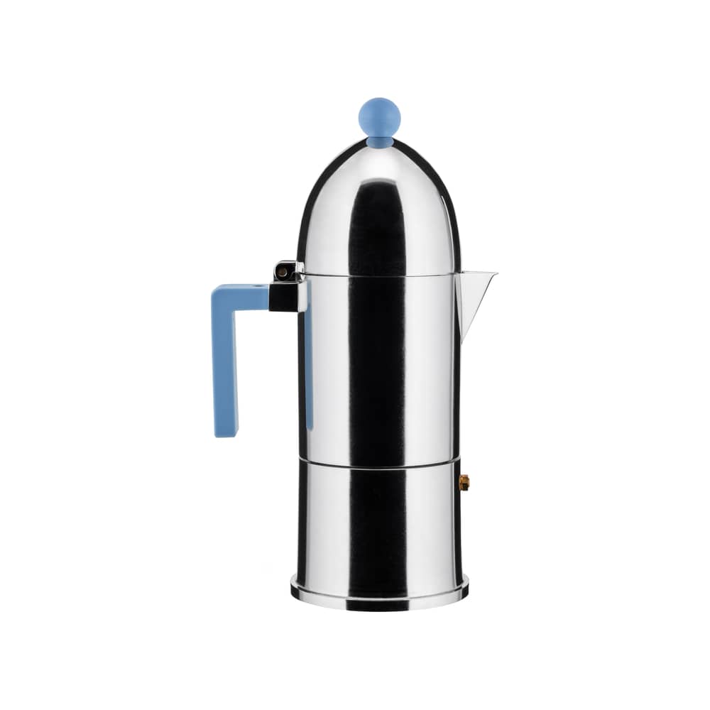Cafetière italienne La Cupola métal bleu / Induction - 6 tasses / Aldo Rossi, 1988 - Alessi - Bleu ciel / Acier - Acier magnétique, Fonte d\'aluminium, Résine thermoplastique