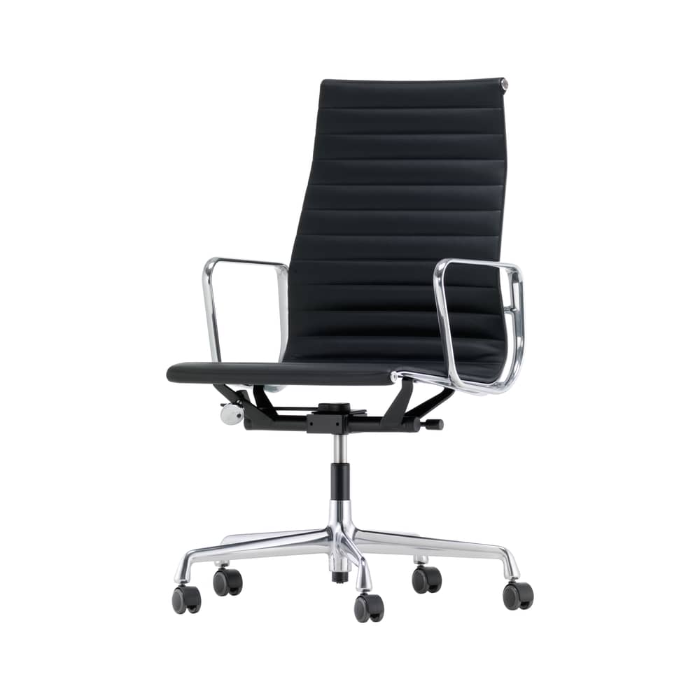 Sessel mit Rollen Aluminium Chair EA119 leder schwarz / Hohe Rückenlehne / Eames, 1958 - Vitra - Schwarz (Leder) / Aluminium verchromt - Aluminium-Druckguß, Polyurethan-Schaum, Rindsleder
