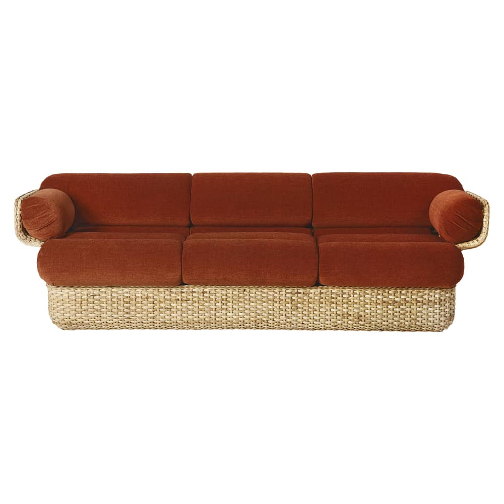 Canapé droit Basket       / 3 places - By Joe Colombo (1967) / L 233 cm - Gubi - Rouille (Dedar belsuede FR 133) -  Ouate, Mousse, Rotin, Tissu
