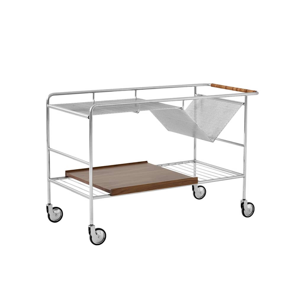 Desserte Alima NDS1 argent métal / 90 x 42 x H 60 cm - &tradition - Chromé / Noyer - Acier, Bois, Cuir