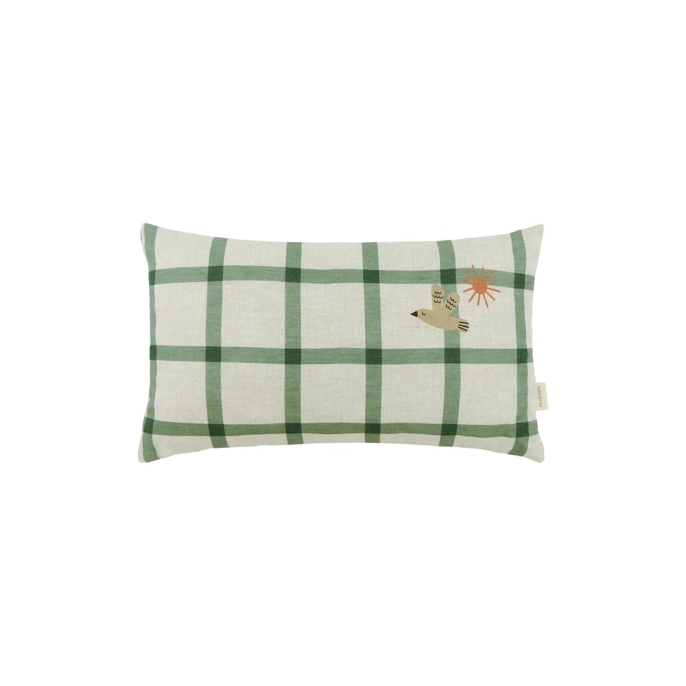 Coussin Vibes Rectangular tissu vert / Medium - 44 x 25 cm - NOBODINOZ - Oiseau / Grille verte - Lin français, Polyester Oeko-Tex