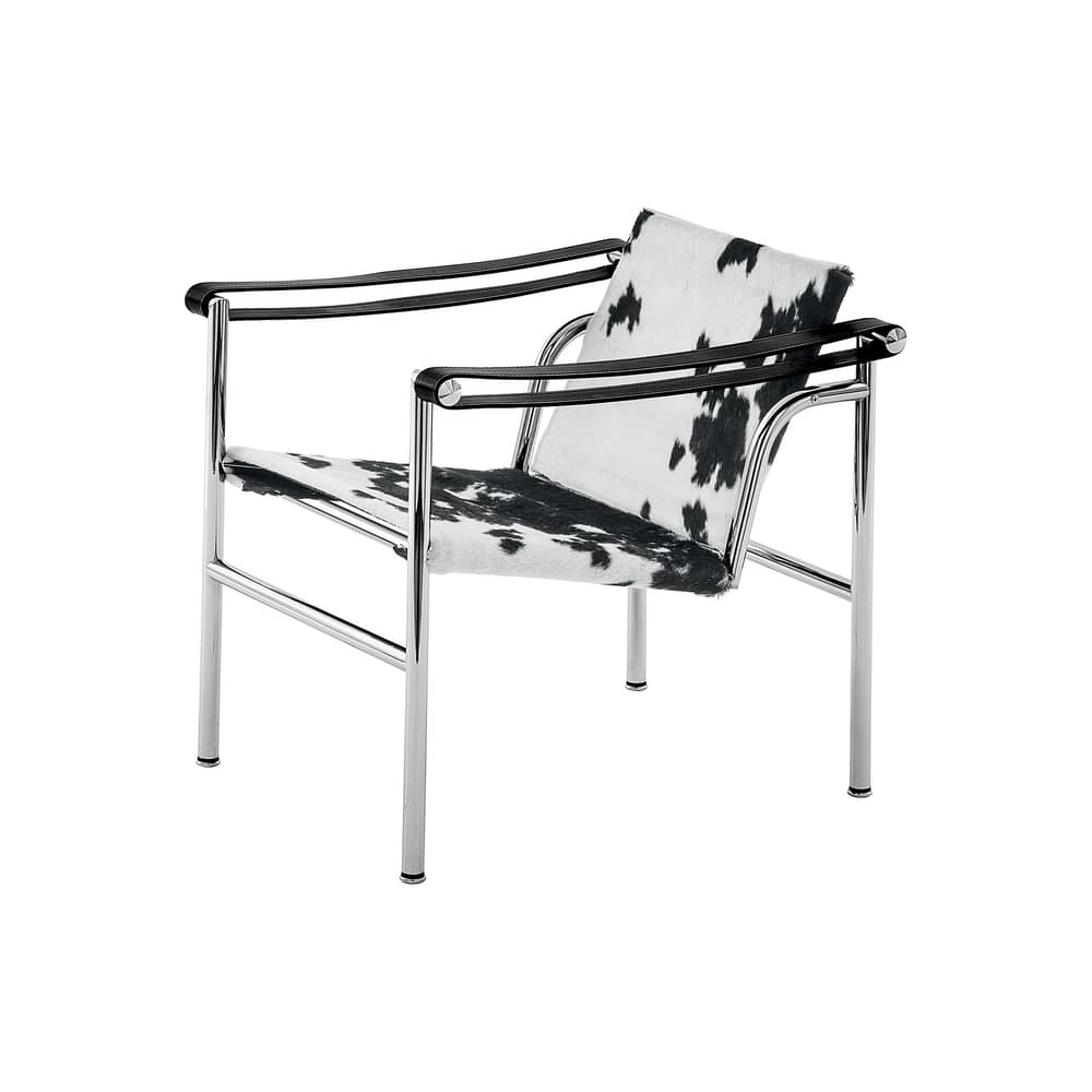  Armchair leather white à dossier basculant - LC1 / 1928, Le Corbusier, P.Jeanneret, C. Perriand - CASSINA - Black & white (spotted leather ) / Chromed - Hair-on calfskin, Leather, Steel