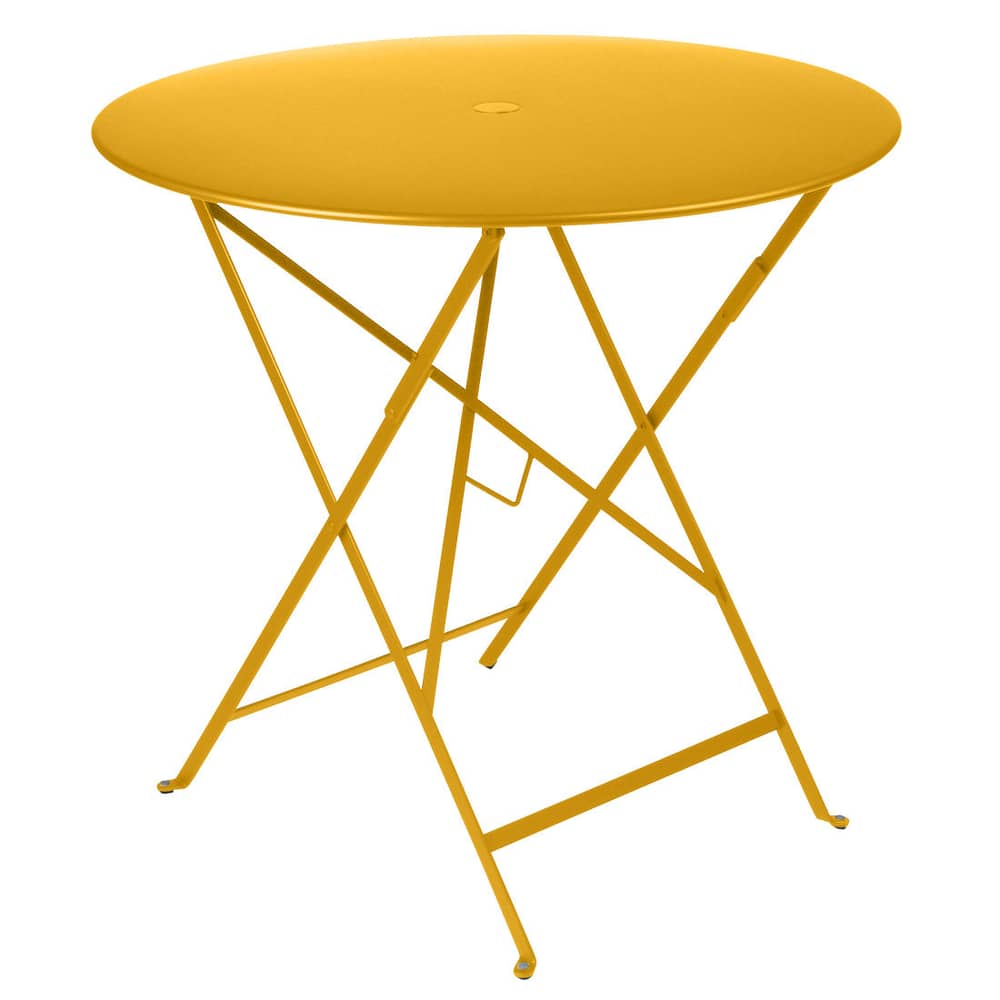 Bistro Foldable table metal yellow /Ø 77 cm - 3/4 people - Parasol hole - Fermob - Textured honey - Lacquered steel
