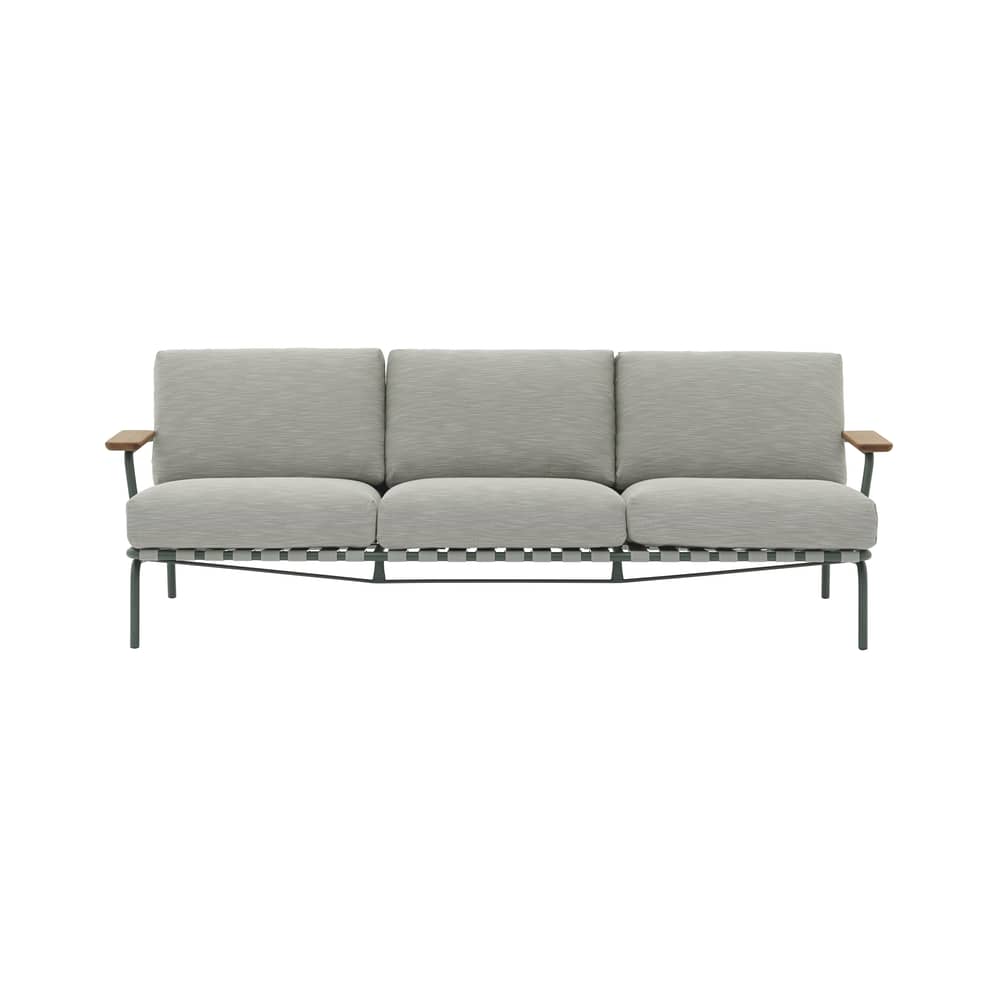 Canapé de jardin 3 places Settle tissu gris / L 218,5 cm - Muuto - Vert foncé / Tissu gris clair (Ribbed Weave 2) - Acajou, Acier, Mousse, Sangle polyester, Tissu d\'extérieur