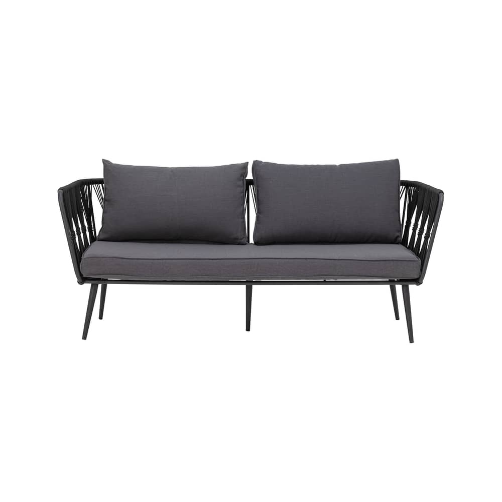 Gartensofa 2-Sitzer Pavone metall kunstfaser schwarz / L 174 cm - Handgewebtes Polyesterseil - Bloomingville - Schwarz / Kissen dunkelgrau - Polyester-Gewebe, Polyesterseil, Thermolackiertes Metall