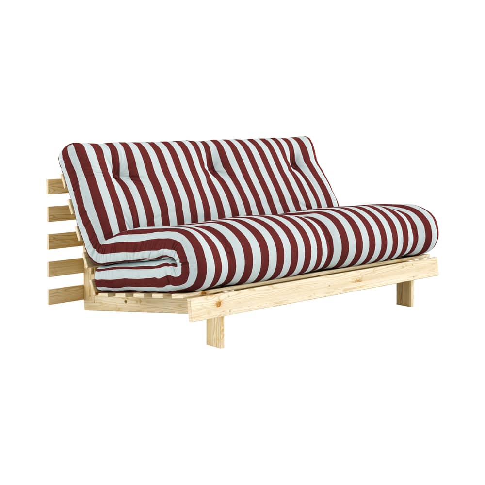 Schlafcouch Roots textil rot / L 160 cm – 3 Positionen / Struktur aus heller Kiefer - KARUP - Bordeaux gestreift / Hellblau (422) - FSC-zertifiziertes Massivholz Kiefer, Gewebe, Schaumstoff
