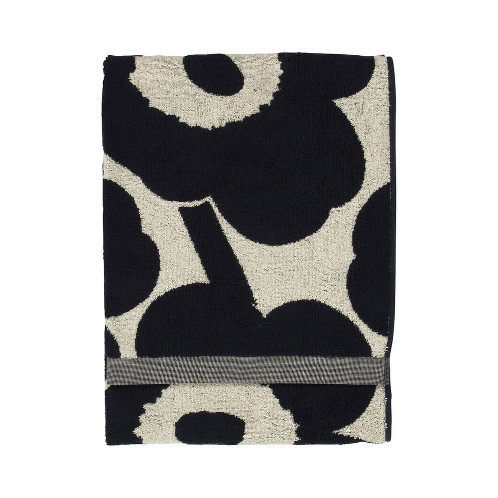 Serviette de bain Unikko tissu bleu / 70 x 150 cm - Marimekko - Unikko / Beige coton & bleu foncé - Coton, Lin