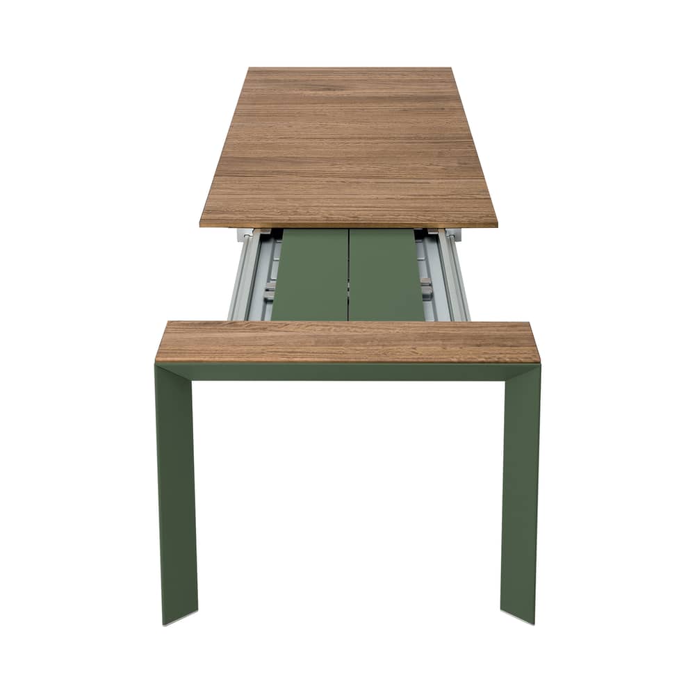 Nori Extending table green natural wood / Teak - L 199 to 279 cm - Kristalia - Teak / Olive green - Anodized aluminium, Teak
