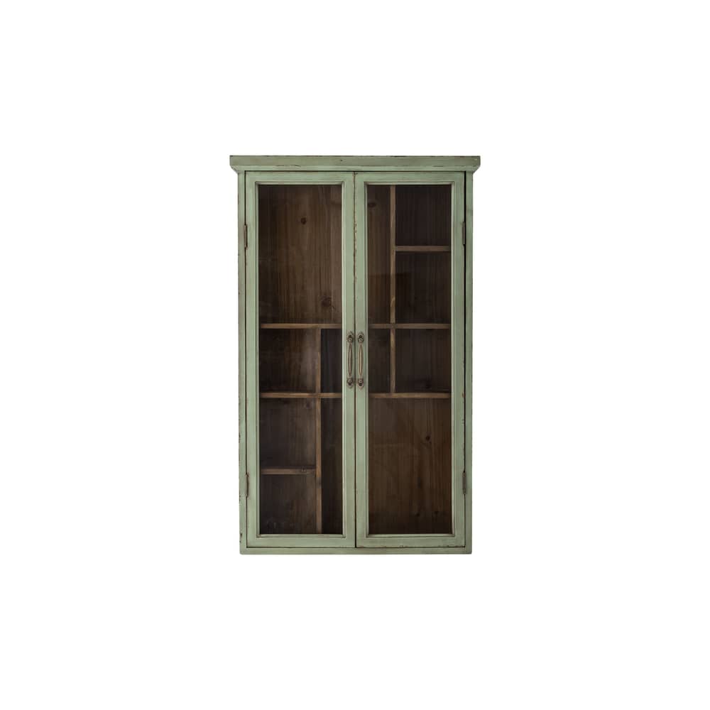 Rangement mural Hazem bois vert / Vitrine compartimentée - L 50 x P 14 x H 80 cm - Bloomingville - Vert patiné - Fer, MDF, Sapin, Verre