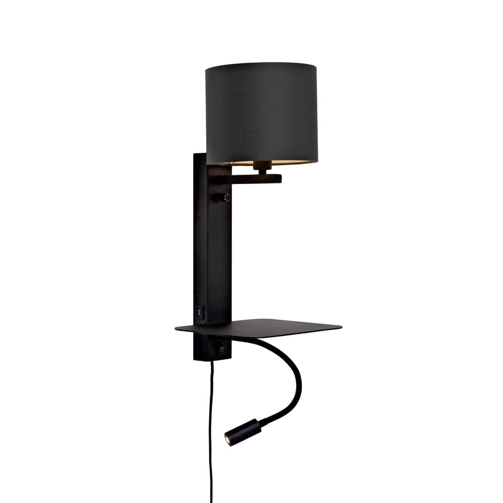 Applique avec prise Florence / Abat-jour tissu - Liseuse LED, étagère & port USB - It\'s about Romi - Noir - Coton, Fer