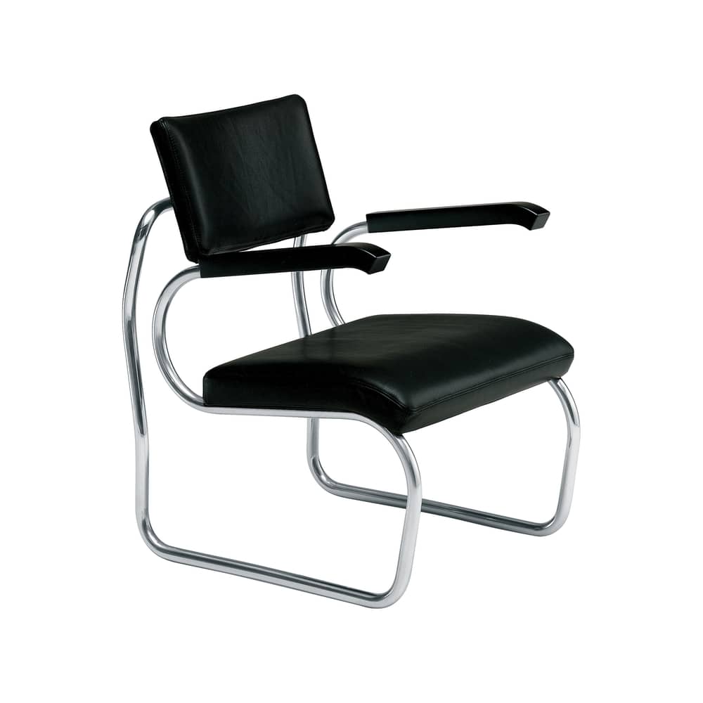 Poltrona imbottita Sant\'Elia pelle nero / Giuseppe Terragni, 1936 - Zanotta - Pelle nera / Cromato nero - Acciaio inossidabile, Pelle, Schiuma di poliuretano