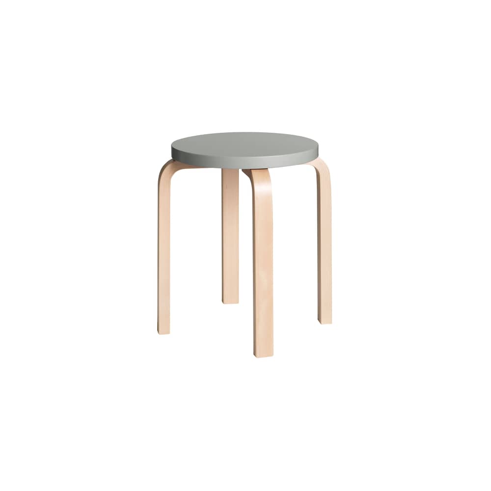 Tabouret empilable E 60 / Alvar Aalto, 1933 - 4 pieds - ARTEK - Gris laqué / Pieds bouleau - Contreplaqué de bouleau laqué, Lamellé-collé de bouleau