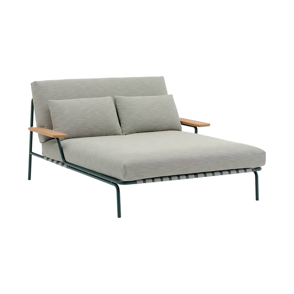 Bain de soleil double Settle tissu vert - Muuto - Vert clair (tissu Ribbed Weave 2) - Acier, Bois de sapele acajou, Mousse, Sangles, Tissu outdoor