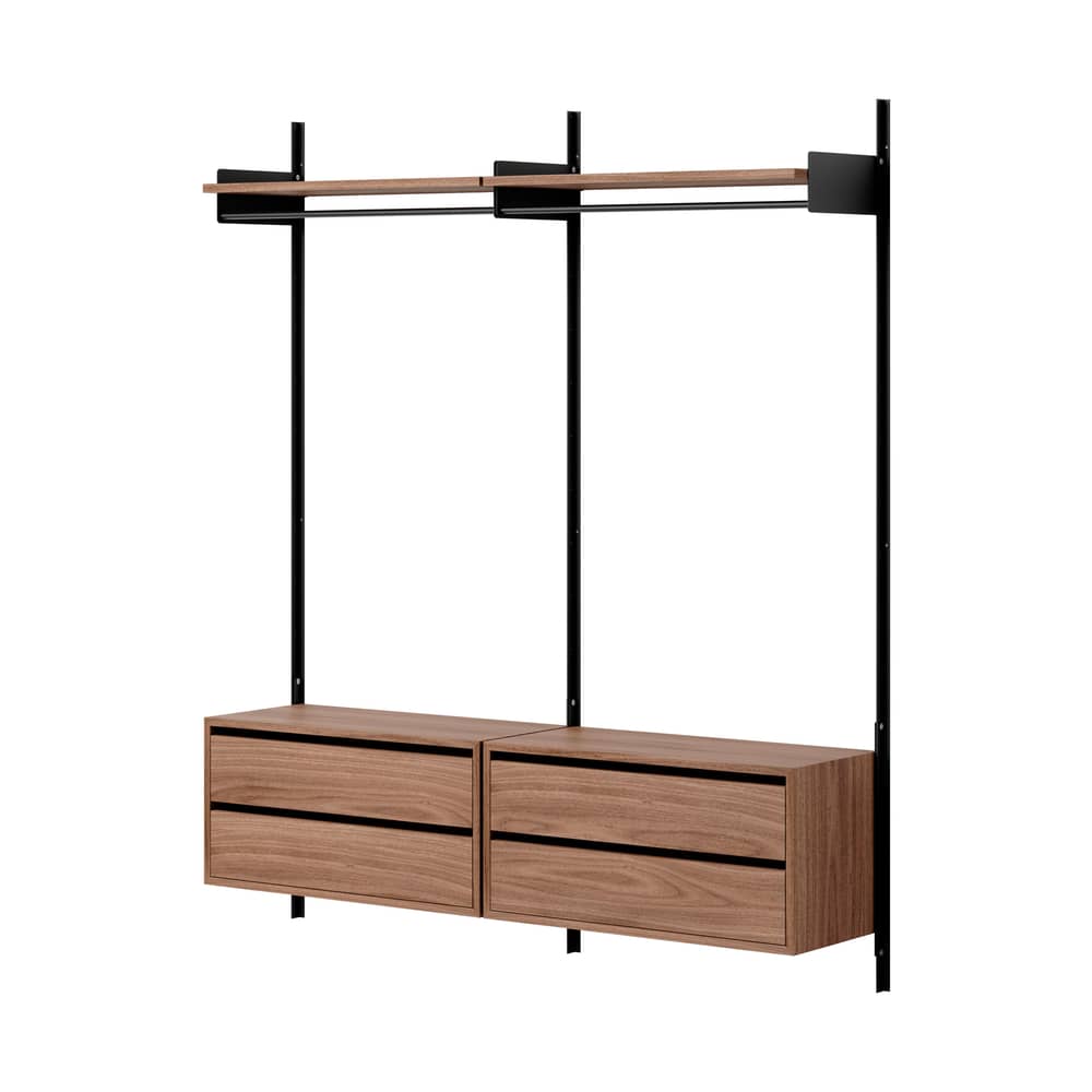 Wandablage  holz braun / Eingangsmöbel - B 163,5 x T 35 x H 190 cm / 4 Schubladen + Kleiderstange - NEW WORKS - Nussbaum & Schwarz - Aluminium, Nussbaumfurnier, Stahl
