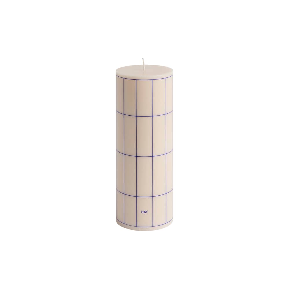 Bougie bloc Column / Ø 7 x H 20 cm - Hay - Blanc cassé à carreaux bleus - Huile, Stéarine