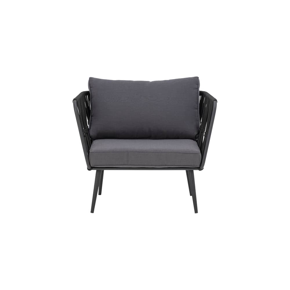 Fauteuil rembourré Pavone / Corde polyester tissée main - Bloomingville - Noir / Coussin gris foncé - Corde polyester, Métal thermolaqué, Tissu polyester