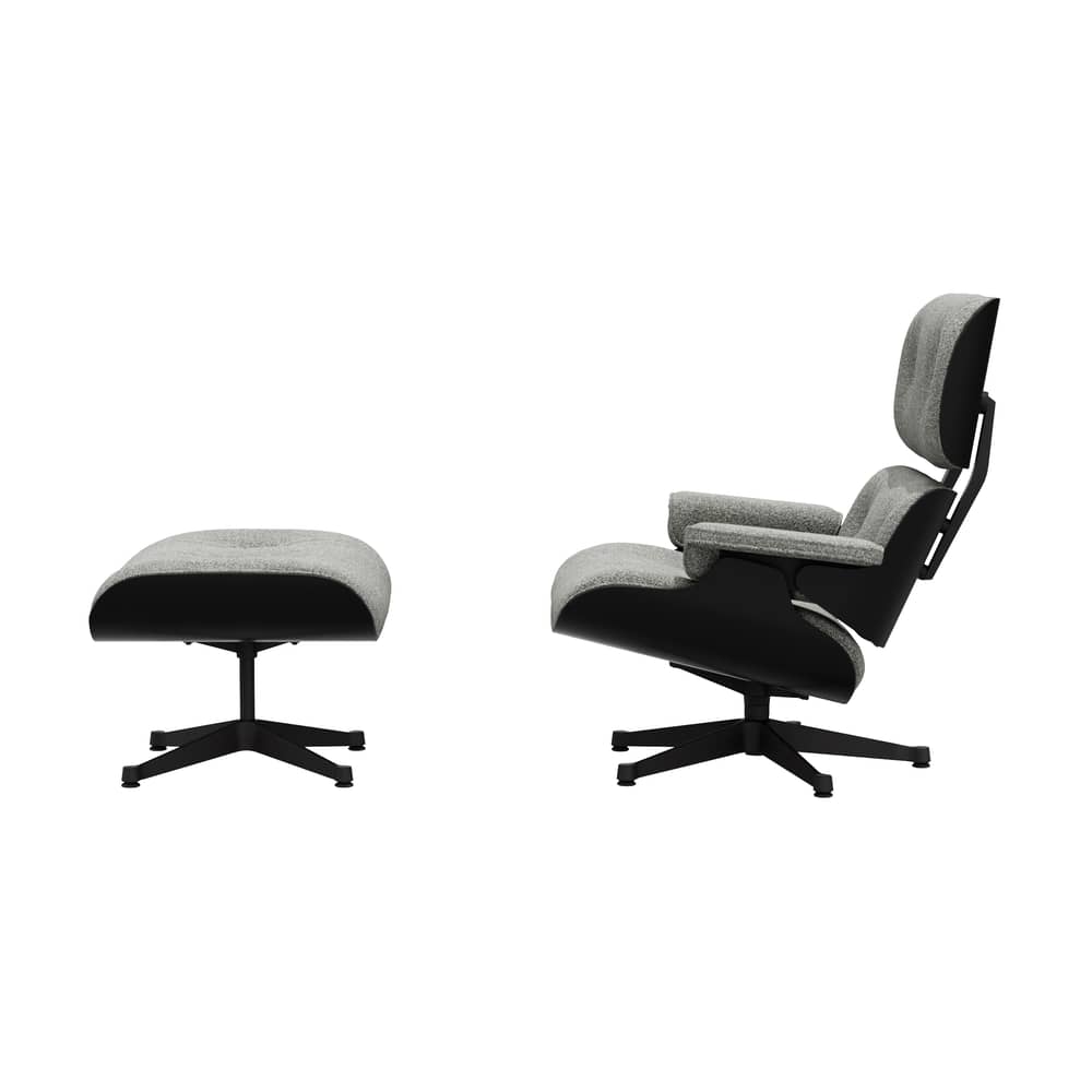 Set fauteuil & repose-pieds Lounge Chair & Ottoman tissu gris / Eames (1956) - Vitra - Châtaignier noir / Gris Salt\'n pepper (tissu Nubia) - Contreplaqué cintré, Mousse polyuréthane, Placage châtaignier laqué, Tissu