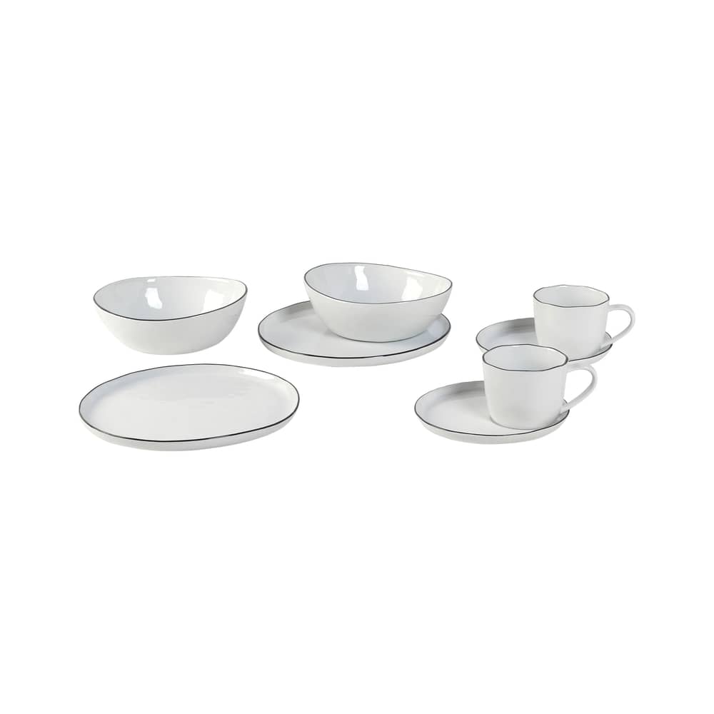 Set vaisselle Salt céramique blanc / Service petit-déjeuner 2 personnes - 8 pièces - BROSTE COPENHAGEN - Blanc / Liseré noir - Porcelaine émaillée