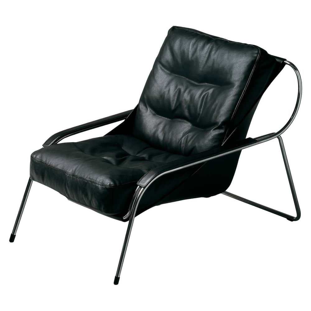 Fauteuil rembourré Maggiolina métal cuir noir / Rembourré - Zanotta - Cuir noir - Acier inoxydable, Cuir