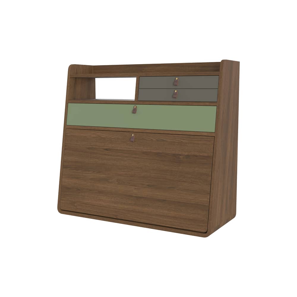 Secrétaire mural Gaston bois vert / L 80 x H 72 cm - Hartô - Vert cendré & vert sauge / Frêne marron - MDF laqué, MDF plaqué frêne teinté
