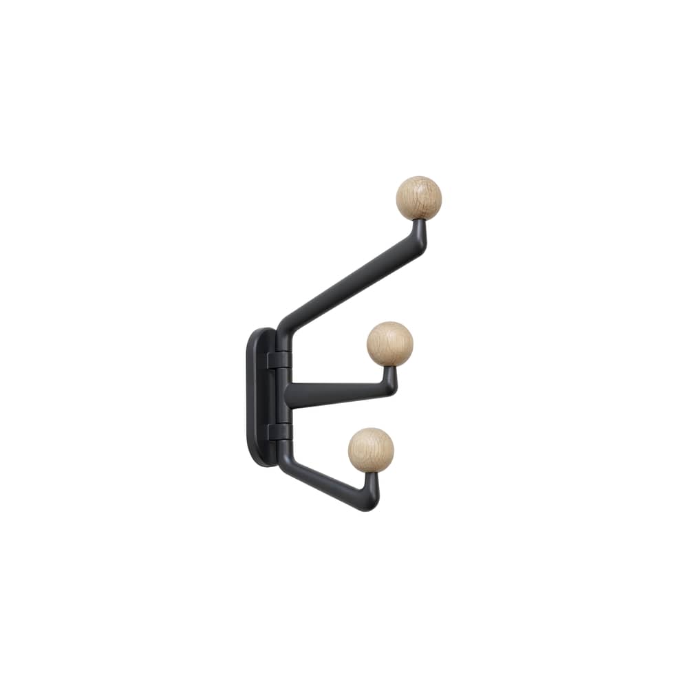 Capture Small SC74 Wall coat rack metal grey / 3 pivoting arms - D 16 x H 26 cm - &tradition - Graphite / Oak coat hooks - Aluminium, Solid oak