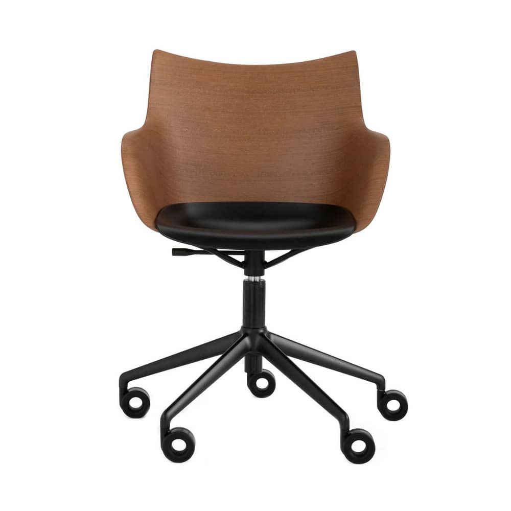 Fauteuil à roulettes Q/Wood bois naturel - Kartell - Bois foncé / Assise noire / Pied noir - Acier, Aluminium, Contreplaqué de bois moulé