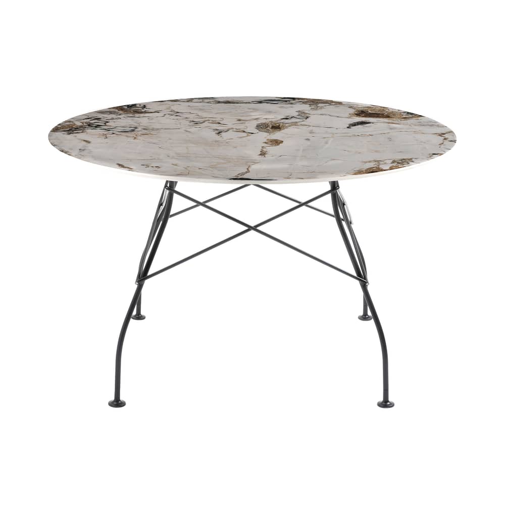 Runder Tisch Glossy Marble keramik stein braun beige / Ø 128 cm - Steinzeug in Marmor-Optik - Kartell - Braun- & Beigetöne / Schwarzer Fuß - lackierter Stahl, Sandstein mit Marmoreffekt