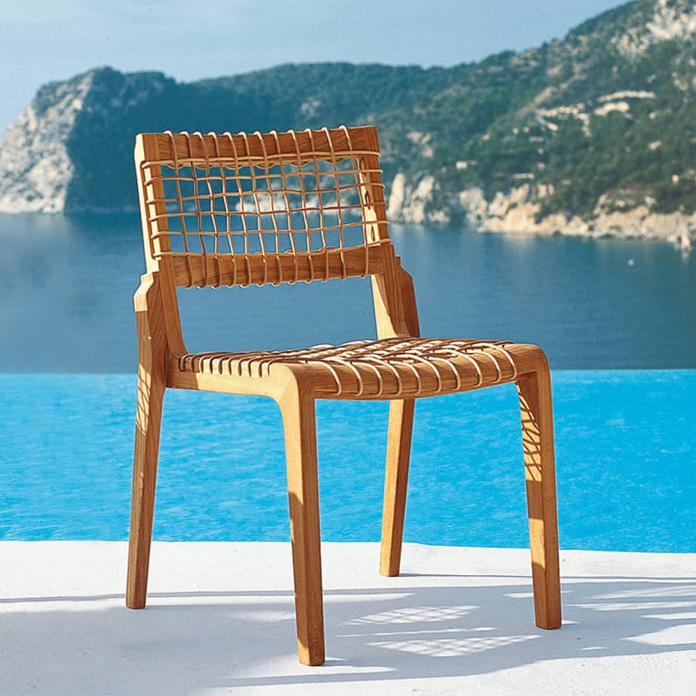 Chaise empilable Synthesis / Avec coussin - Unopiu - Teck & naturel / Coussin blanc écru - Fibre synthétique Waprolace, Teck, Tissu acrylique