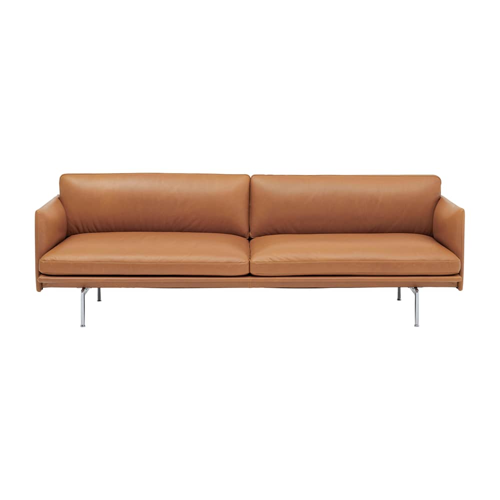 Canapé droit Outline cuir marron / 3 places- L 220 cm - Muuto - Cognac (cuir Refine) / Pieds alu poli - Acier, Aluminium poli, Bois, Cuir, Mousse à froid
